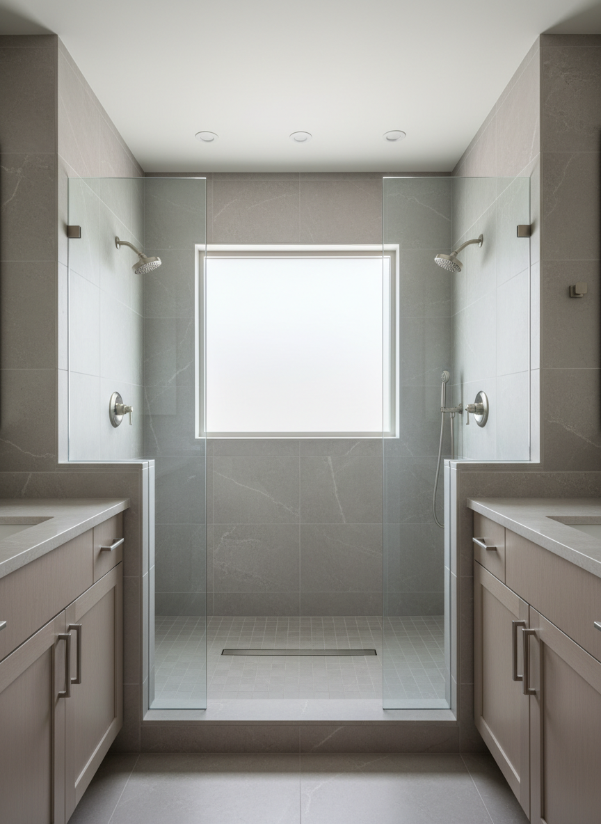 A meticulously crafted, high-end walk-in shower featuring large, matte-finish porcelain tiles in soft dove grey, accented with subtle stone veining. Sleek brushed-nickel fixtures and a linear drain underscore the focus on refined functionality. The shower is enclosed by seamless frameless glass, emphasizing minimalist elegance. Positioned in a spacious, upscale bathroom with muted cabinetry and stone countertops, the setting is free of clutter and distraction. Soft, diffused overhead lighting combines with gentle natural light from a frosted window, creating layers of subtle highlights and delicate shadows across surfaces. The mood is tranquil, sophisticated, and enduring, captured from an eye-level perspective with a centered, symmetrical composition, rendered in photographic realism with a clean, minimalist aesthetic to evoke quality craftsmanship and timeless utility.